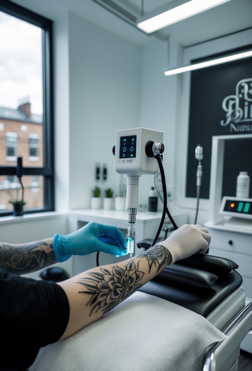 Tattoo Birmingham: Your Complete Directory of Top-Rated Artists and Studios in the City 9 A tattoo technician working on a client's arm in a clean treatment room with tattoo removal and cover-up equipment.