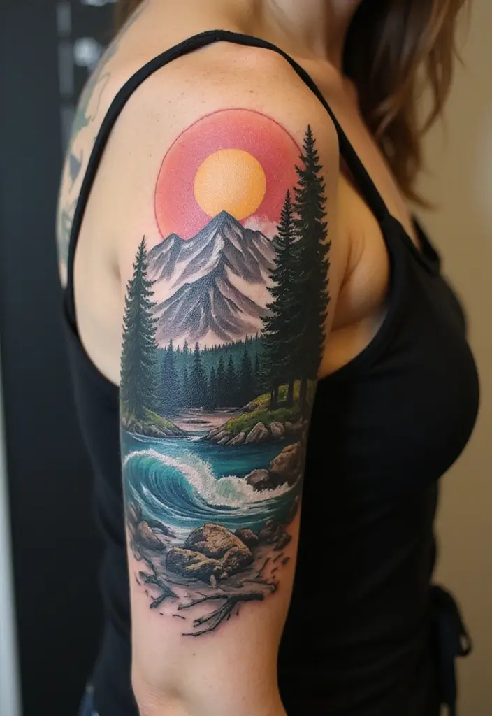 30 Tattoo Shoulder Designs for Women with Feminine Flair - 8. Nature Scenes