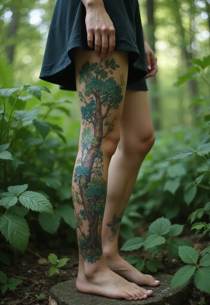 30 Tree Leg Tattoo Designs for Nature-Inspired Ink - 8. Enchanted Forest Scene