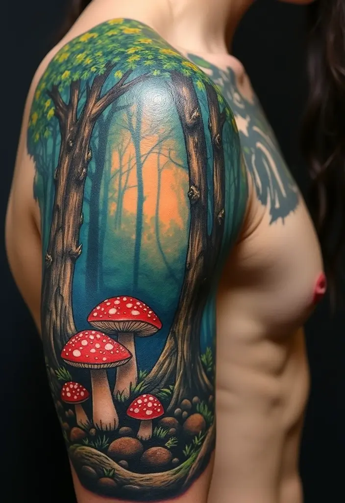 30 Tree on Shoulder Tattoo Ideas That Look Stunning - 8. Enchanted Forest Scene