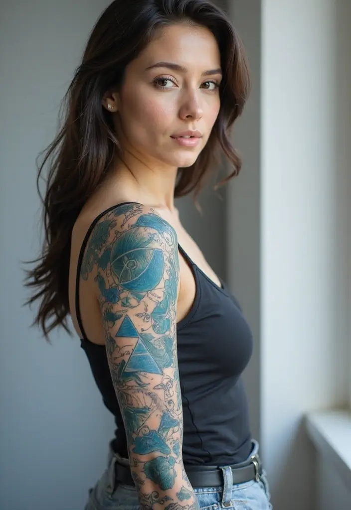 30 Water Tattoo Sleeve Ideas Full of Fluid Motion - 8. Wave Patterns with Geometric Shapes