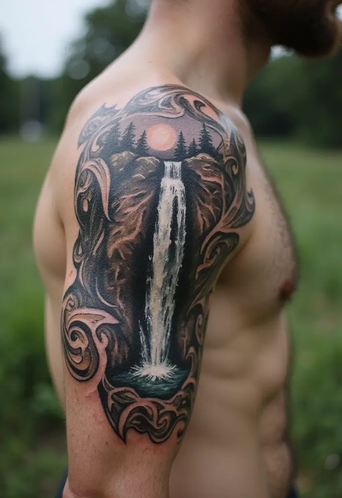 30 Waterfall Tattoos That Flow with Beauty - 8. Tribal Waterfalls