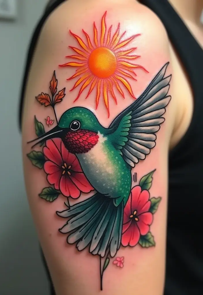 30 3D Hummingbird Tattoos That Feel Lifelike - 9. Hummingbird and Sun