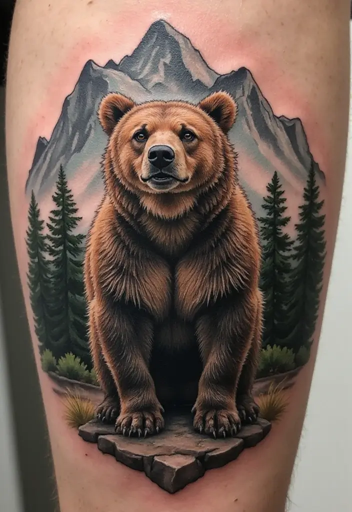 30 Bear Shoulder Tattoo Inspirations with Power and Strength - 9. Bear and Mountain Landscape