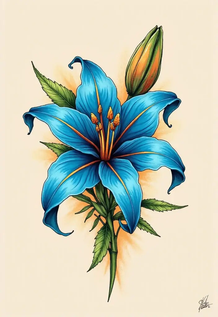 30 Blue Lily Tattoo Designs That Look Elegant - 9. Abstract Blue Lily Design