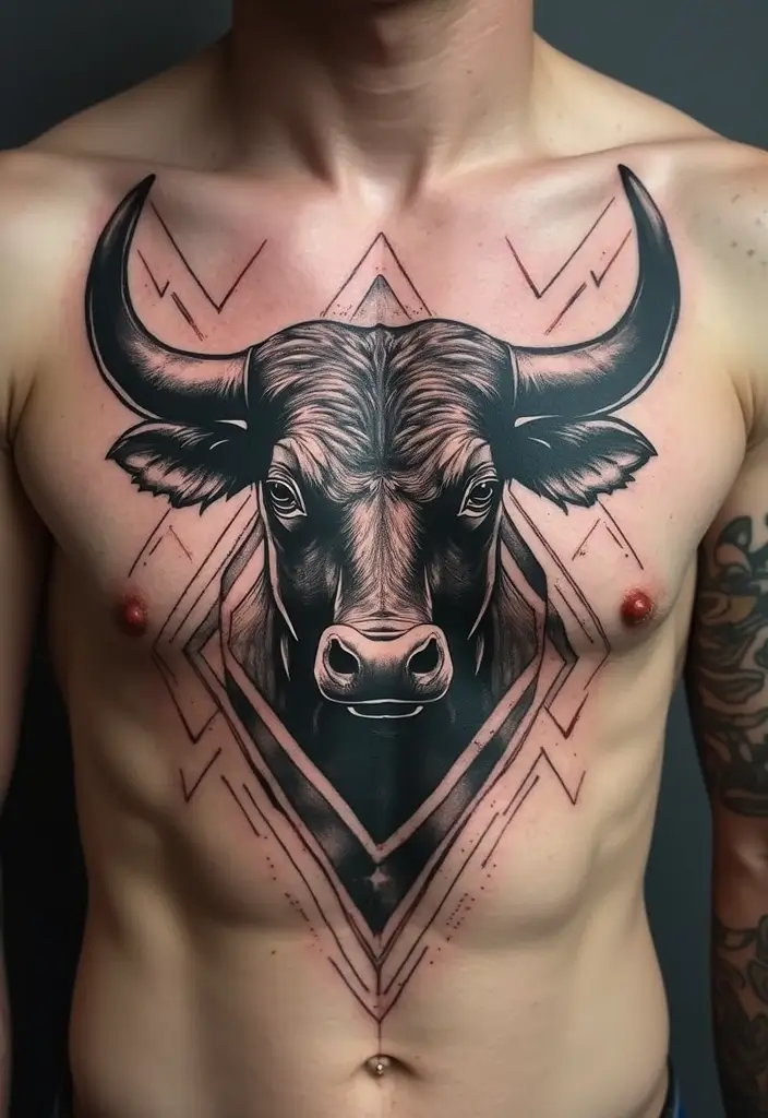 30 Bull Tattoo Chest Ideas Full of Strength - 9. Bull with Geometric Patterns