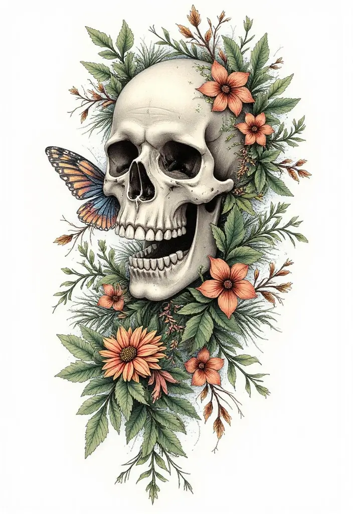 30 Calavera Tattoo Inspirations for Day of the Dead - 9. Nature Themes