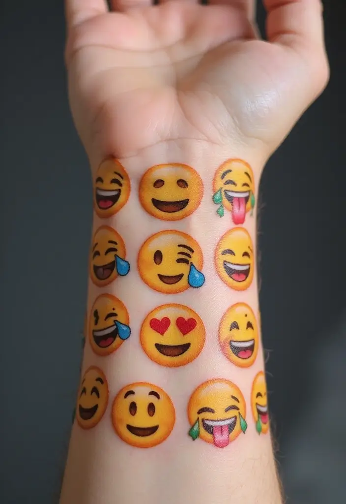 30 Cartoon Tattoo Ideas That Are Fun and Creative - 9. Cheerful Emoji Tattoos