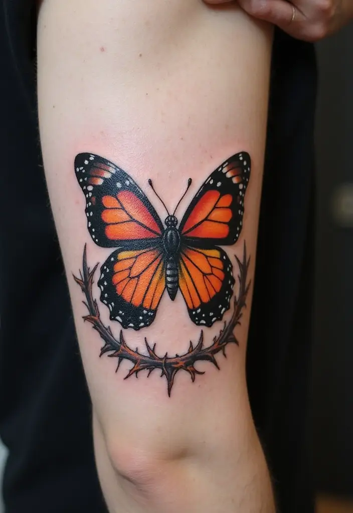 30 Crown of Thorns Bicep Tattoo Inspirations You’ll Admire - 9. Butterfly Transformation