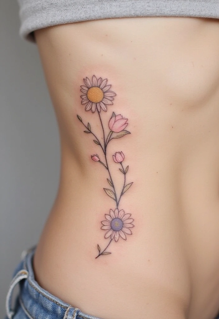 30 Daisy April Birth Flower Tattoo Designs You’ll Love - 9. Minimalist Daisies on the Rib