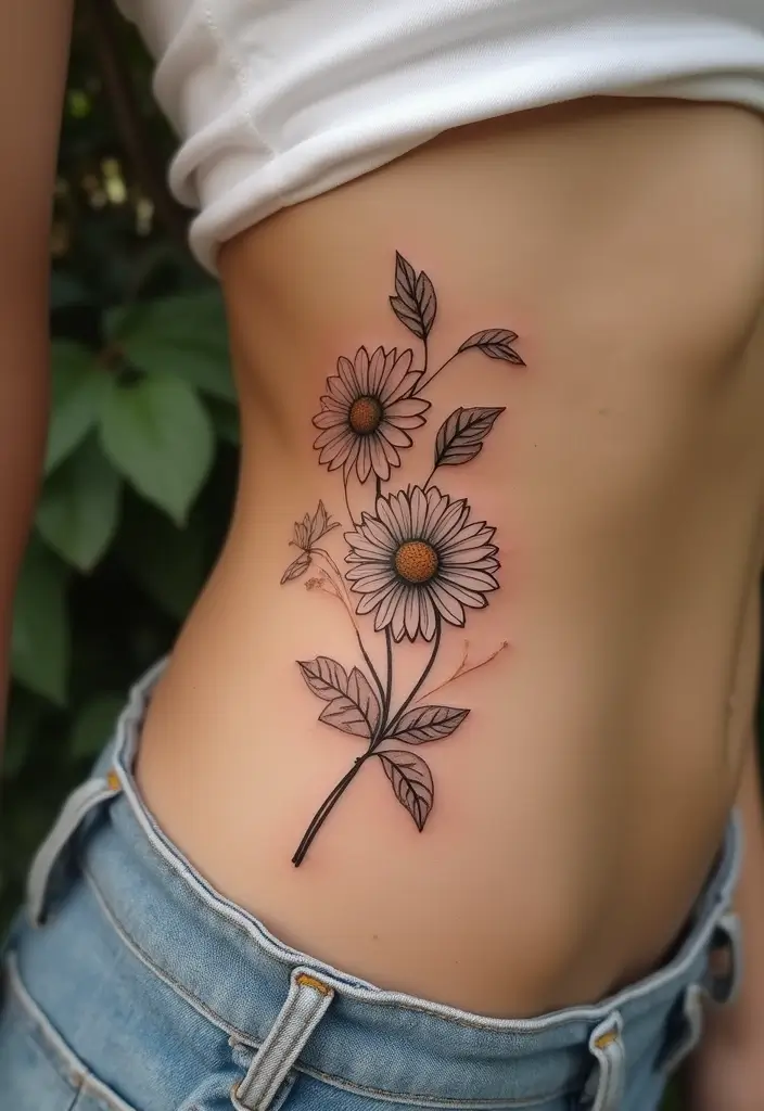 30 Daisy Tattoo Ideas for a Fresh and Delicate Design - 9. Daisy with Leaves
