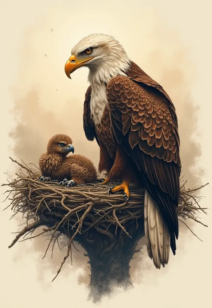 30 Eagle Tattoo Ideas That Represent Power and Courage - 9. Eagle Nesting with Young