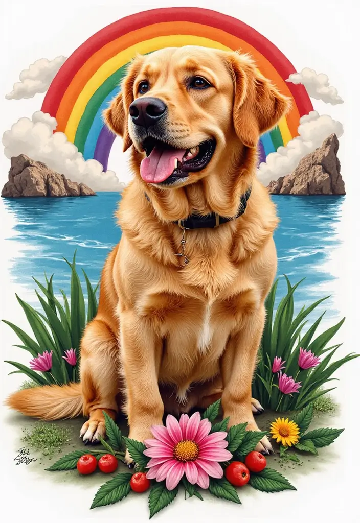 30 Golden Retriever Memorial Tattoos Honoring Beloved Pets - 9. Golden Retriever with a Rainbow