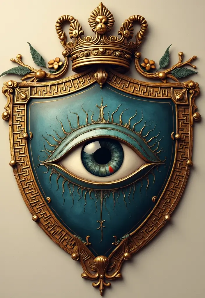 30 Greek Eye Tattoo Meaning and Stunning Design Ideas - 9. Family Crest with Greek Eye