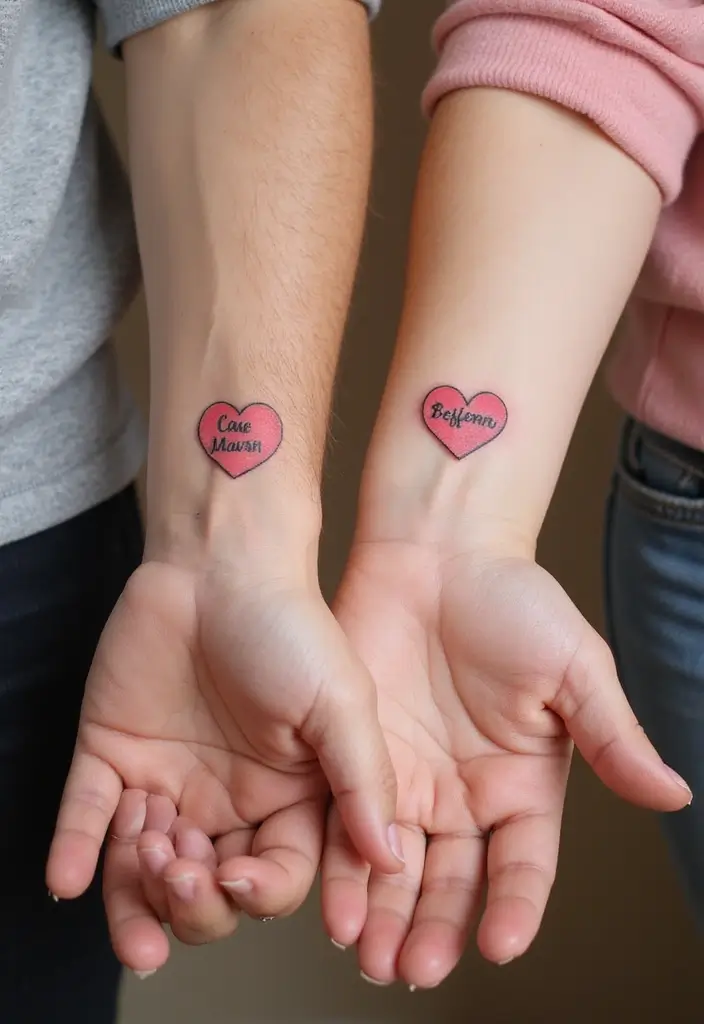 30 Heart Tattoos with Names to Celebrate Love and Bonds - 9. Matching Heart Tattoos