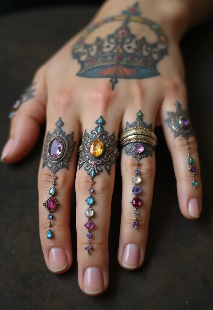 30 King and Queen Tattoos Finger Designs for Couples - 9. Crowns with Birthstones