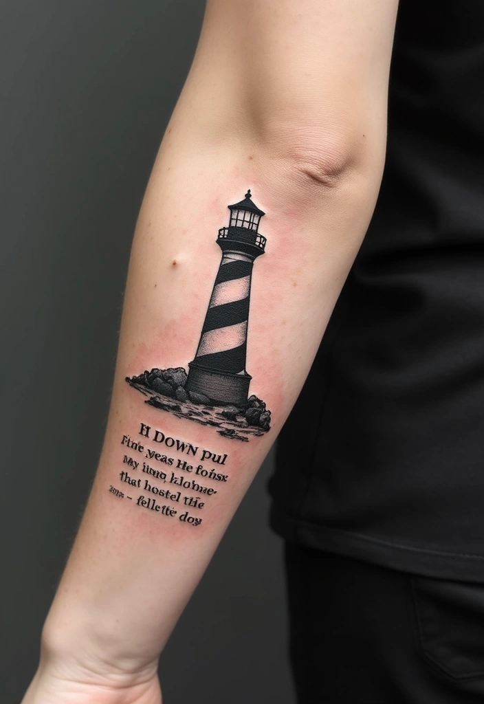 30 Lighthouse Forearm Tattoo Ideas That Guide the Way - 9. Lighthouse with Quote