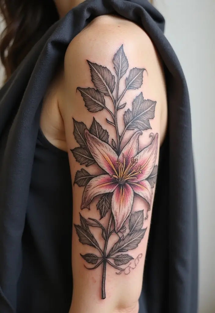 30 Lily Tattoos for Men That Balance Strength and Elegance - 9. Layered Lily with Leaves