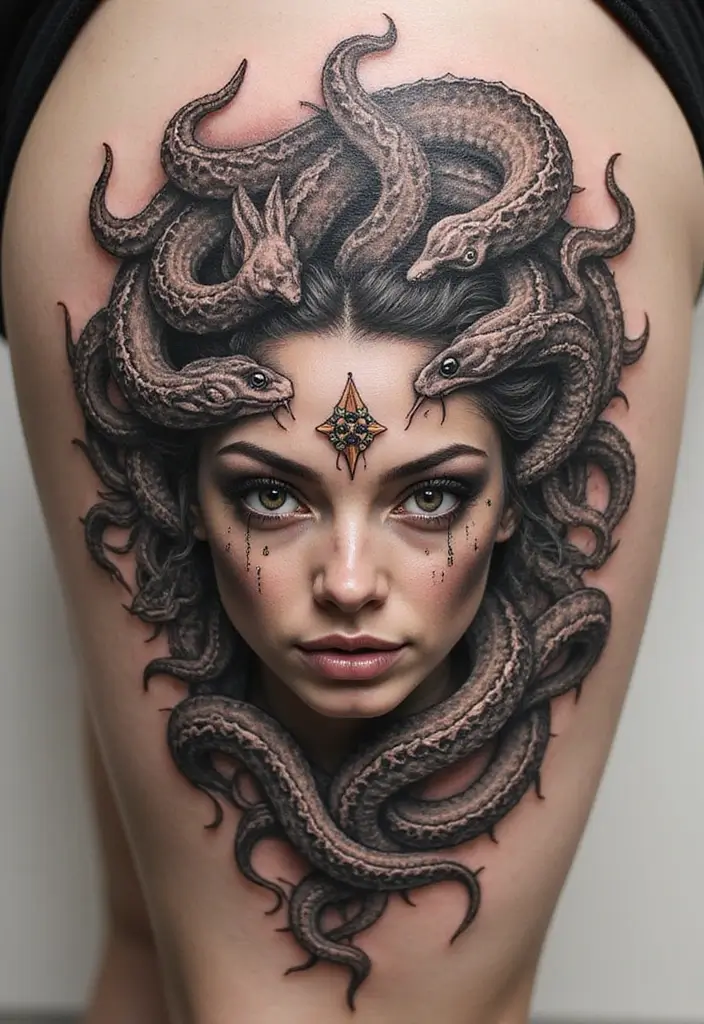 30 Medusa Tattoos for Females with Bold and Fierce Symbolism - 9. Medusa with Mythical Creatures