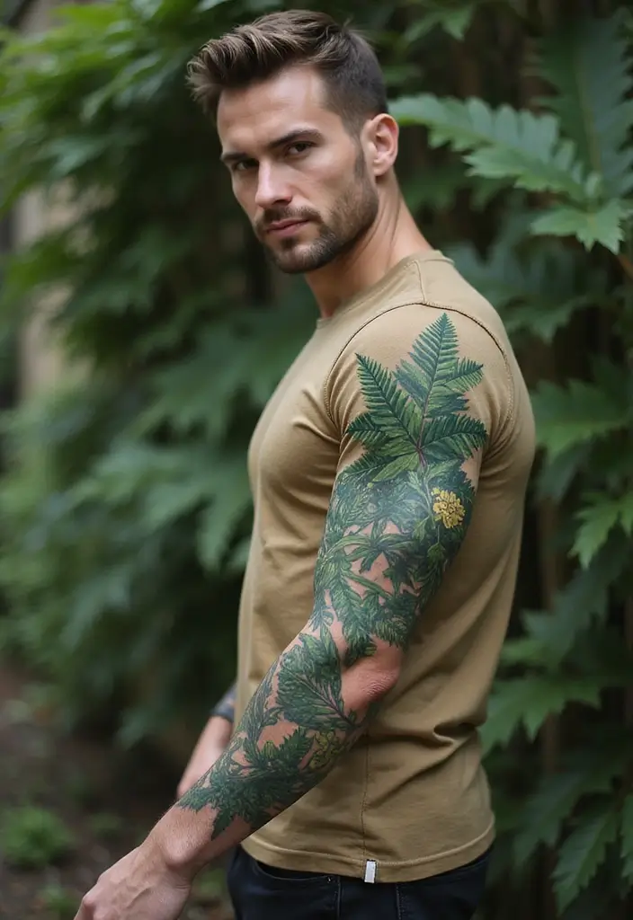 30 Men’s Floral Tattoo Half Sleeve Inspirations - 9. Fern and Ivy Combination