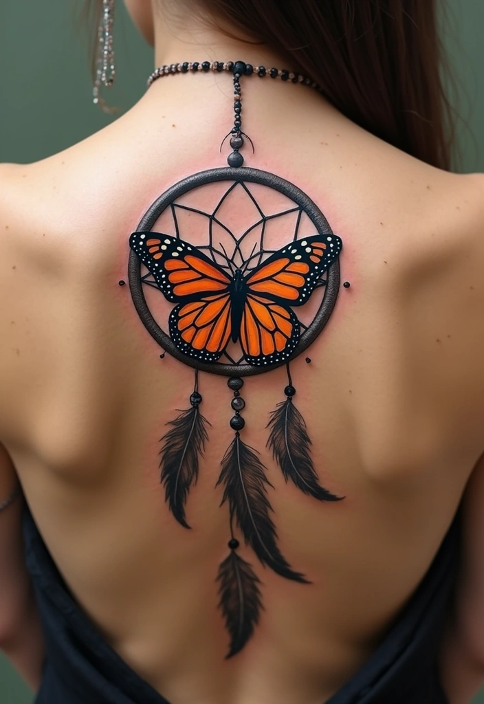 30 Monarch Butterfly Tattoo Designs with Deep Symbolism - 9. Monarch Butterfly and Dreamcatcher