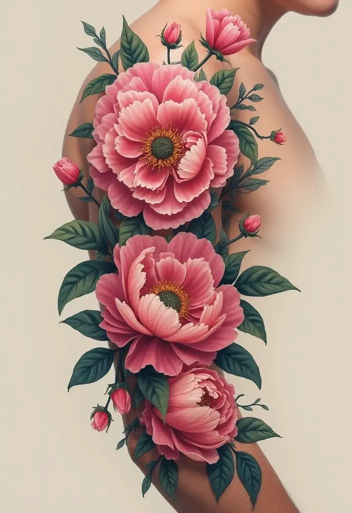 30 Peony Tattoo Ideas with Meaning and Elegance - 9. Peony Floral Sleeve
