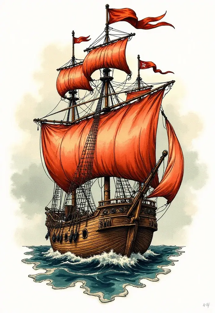 30 Pirate Ship Tattoo Designs for Ocean Lovers - 9. Old School Pirate Ship Tattoo