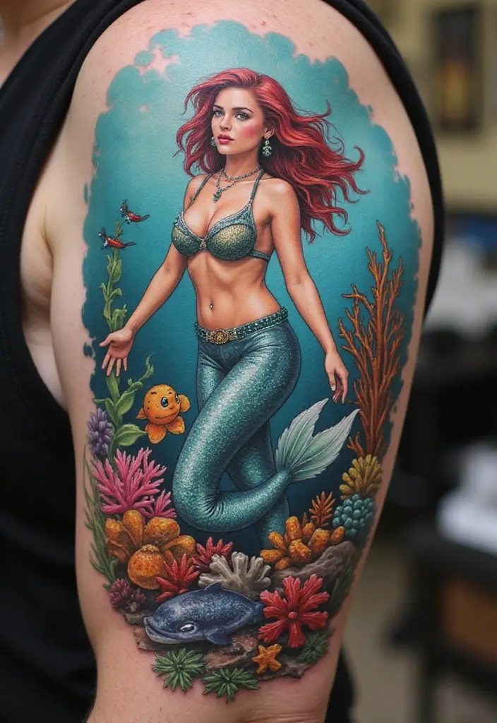 30 Realism Mermaid Tattoo Inspirations That Look Breathtaking - 9. The Guardian of the Reef