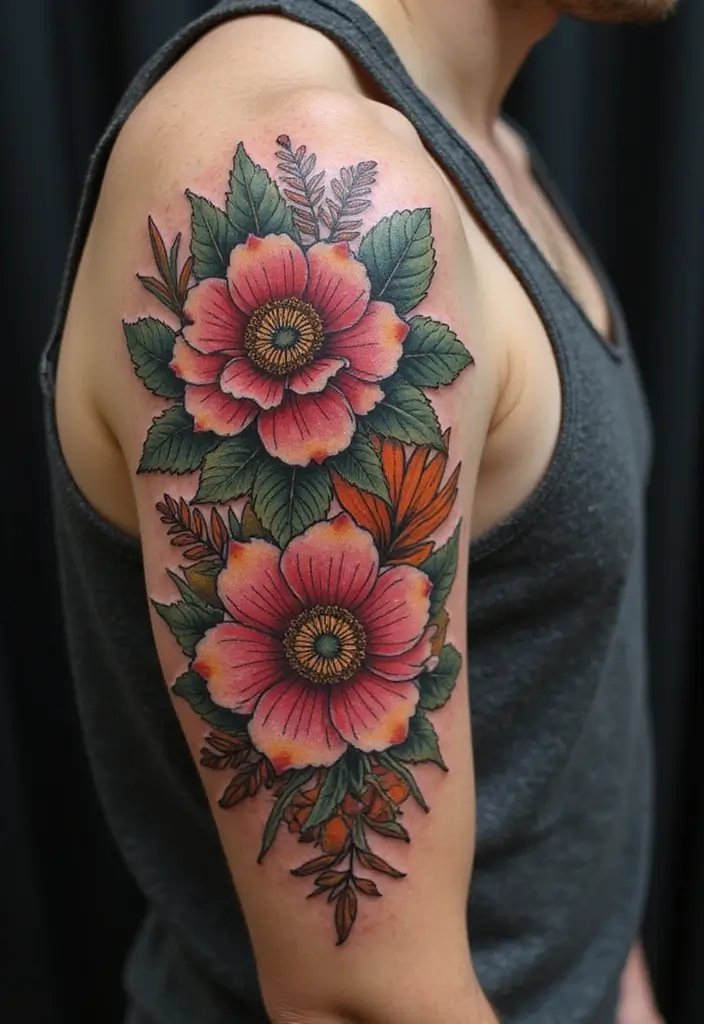 30 Shoulder and Back Tattoos for Guys with Masculine Energy - 9. Floral Embellishments