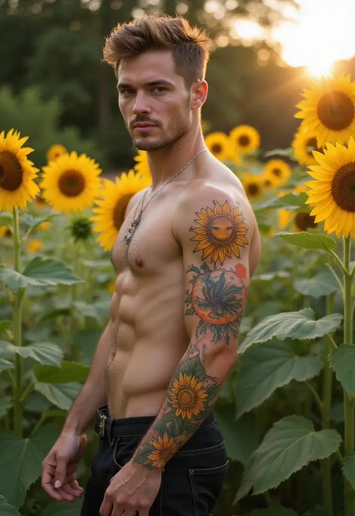 30 Sun Tattoo Men Ideas for Radiant Energy - 9. Sunflower and Sun Tattoo