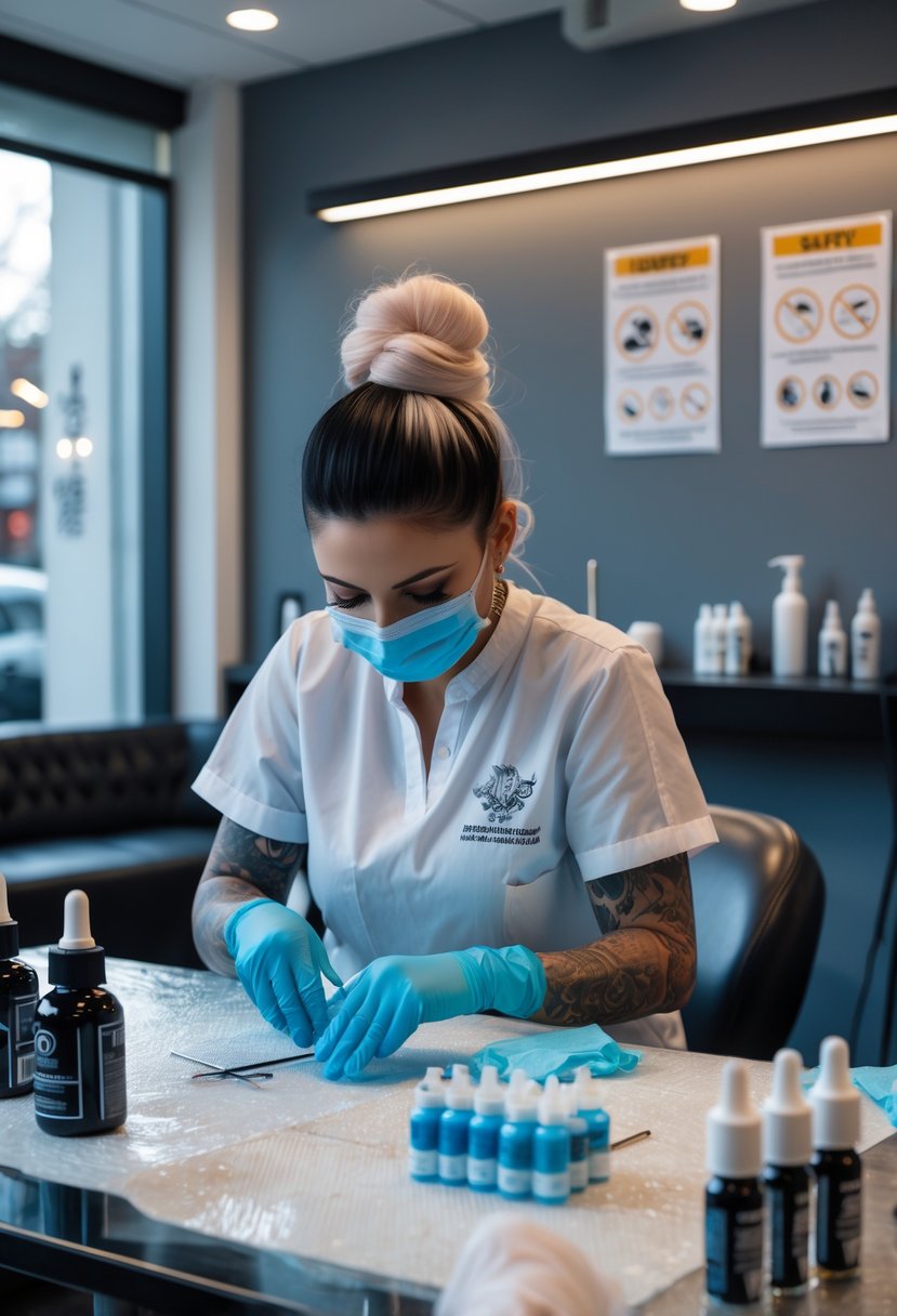 Tattoo Birmingham: Your Complete Directory of Top-Rated Artists and Studios in the City 10 A tattoo artist in a clean studio wearing gloves and a mask, preparing tattoo equipment with safety posters visible on the wall.