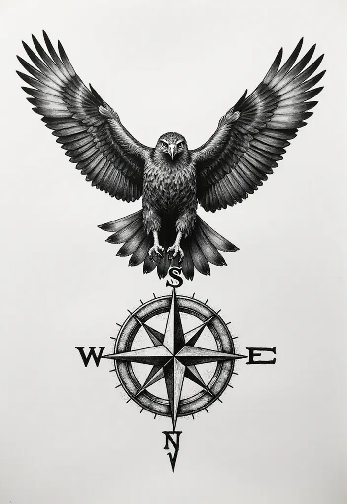 30 Hawk Tattoo Designs That Represent Vision and Strength - 9. Hawk and Compass