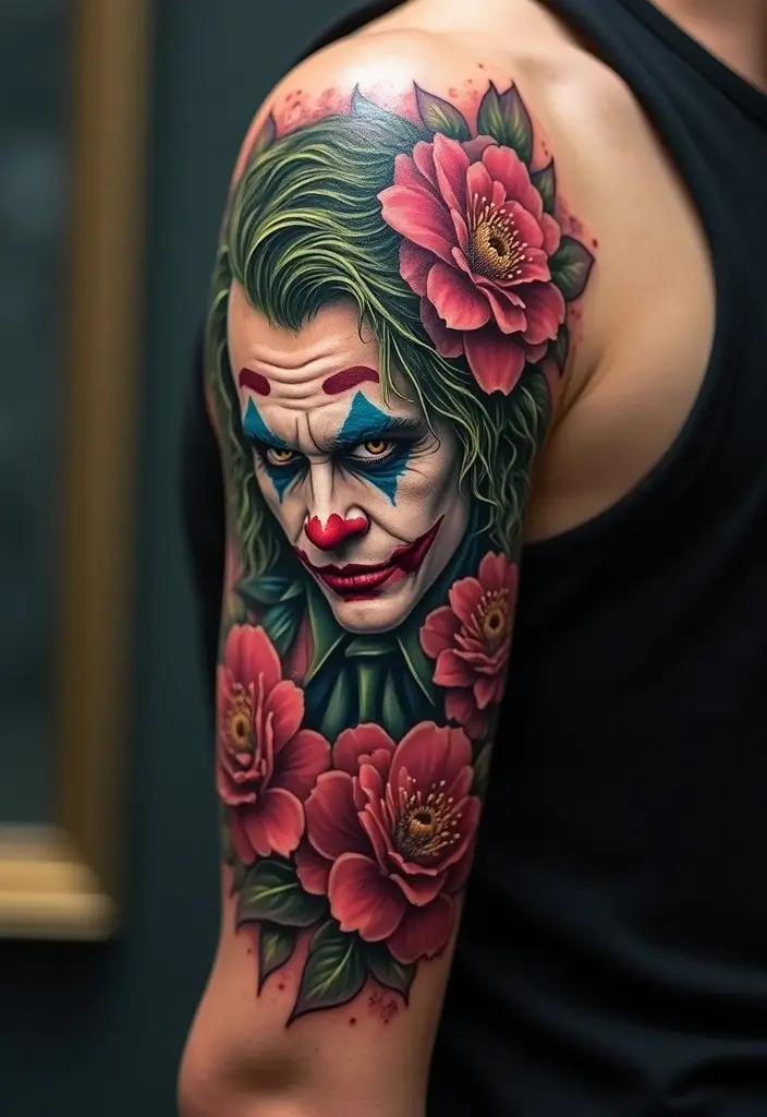 30 The Joker Tattoo Meaning and Unique Designs - 9. The Joker with Flowers