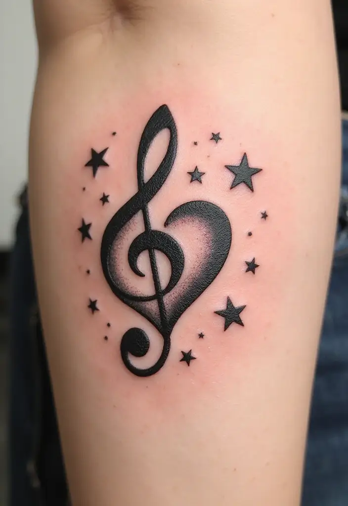 30 Treble Clef and Bass Clef Heart Tattoo Ideas for Music Lovers - 10. Clef Heart with Stars