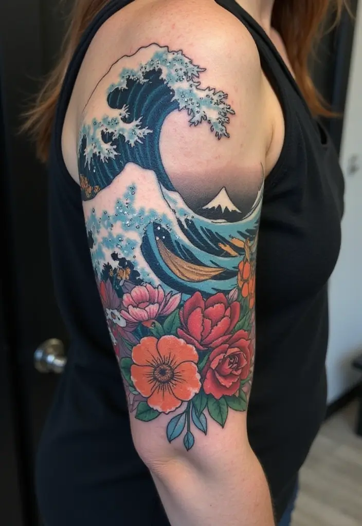 30 Wave Tattoo Sleeve Ideas That Make a Bold Statement - 9. Wave and Floral Combo
