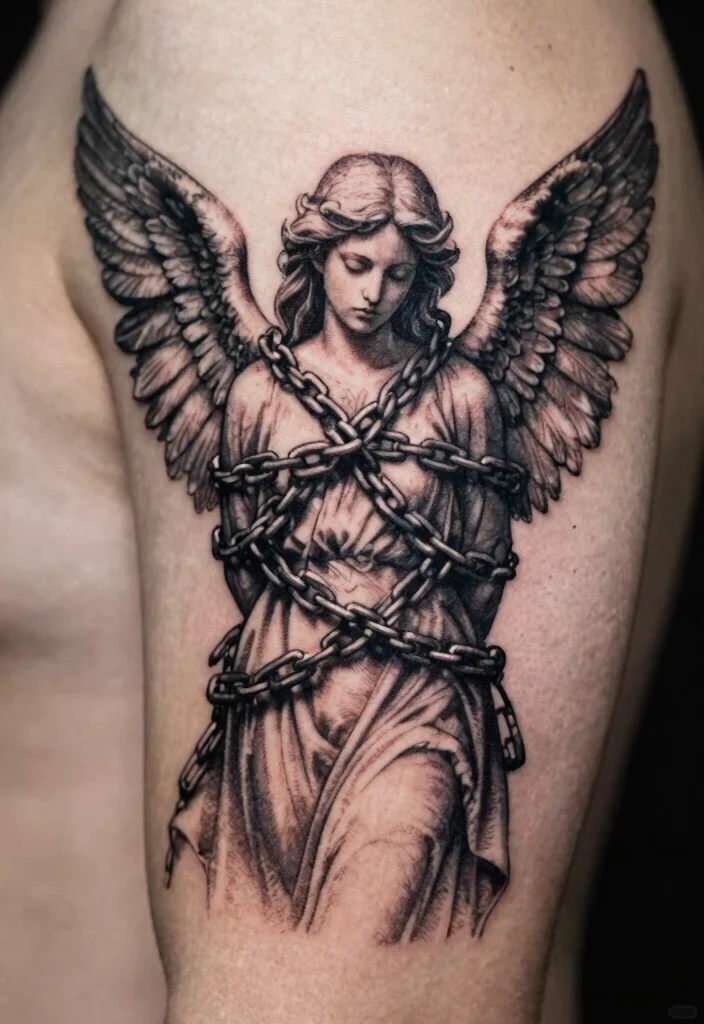 10 Always an Angel Never a God Tattoo Ideas With Dark Meaning 58 10 Always an Angel Never a God Tattoo Ideas With Dark Meaning 6. The Angel in Chains 0