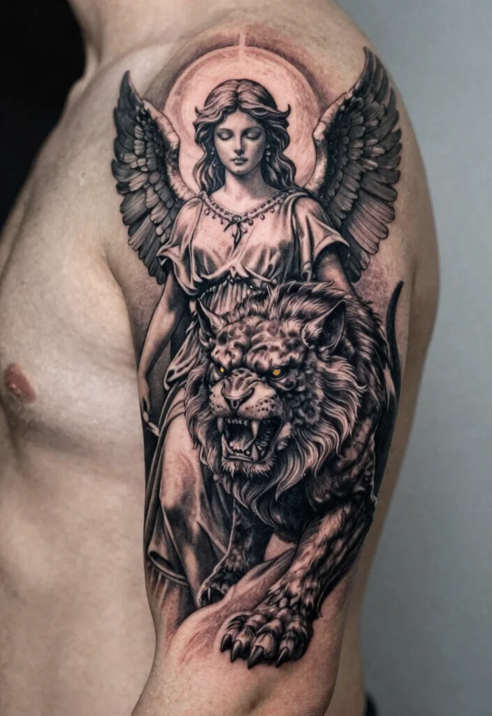 10 Always an Angel Never a God Tattoo Ideas With Dark Meaning 69 10 Always an Angel Never a God Tattoo Ideas With Dark Meaning 7. The Guardian and the Beast 0