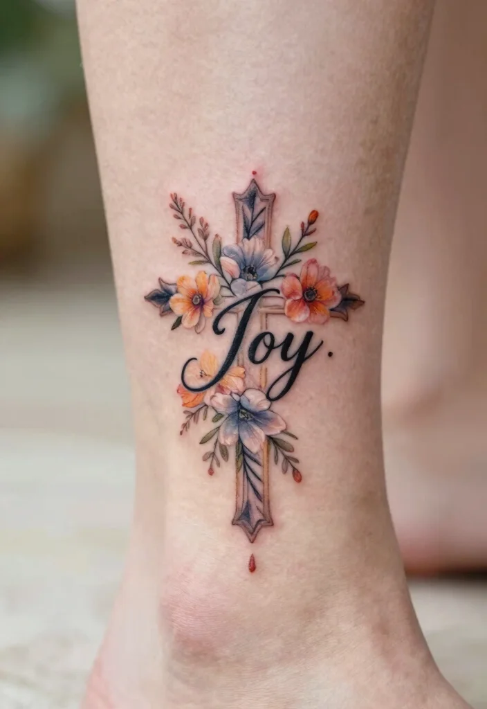 10 Cross With Bible Verse Tattoo Ideas Meaningful And Timeless 10. Cross with Joy and Floral Elements 0