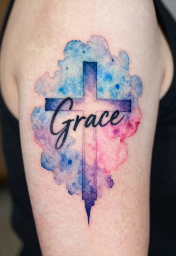 10 Cross With Bible Verse Tattoo Ideas Meaningful And Timeless 4. Cross with Grace and Watercolor Effect 0