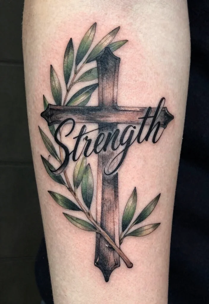 10 Cross With Bible Verse Tattoo Ideas Meaningful And Timeless 5. Cross with Strength and Olive Branches 0