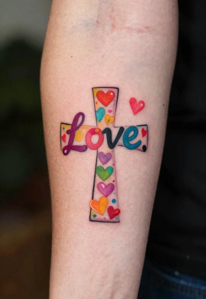 10 Cross With Bible Verse Tattoo Ideas Meaningful And Timeless 7. Cross with Love and Hearts 0