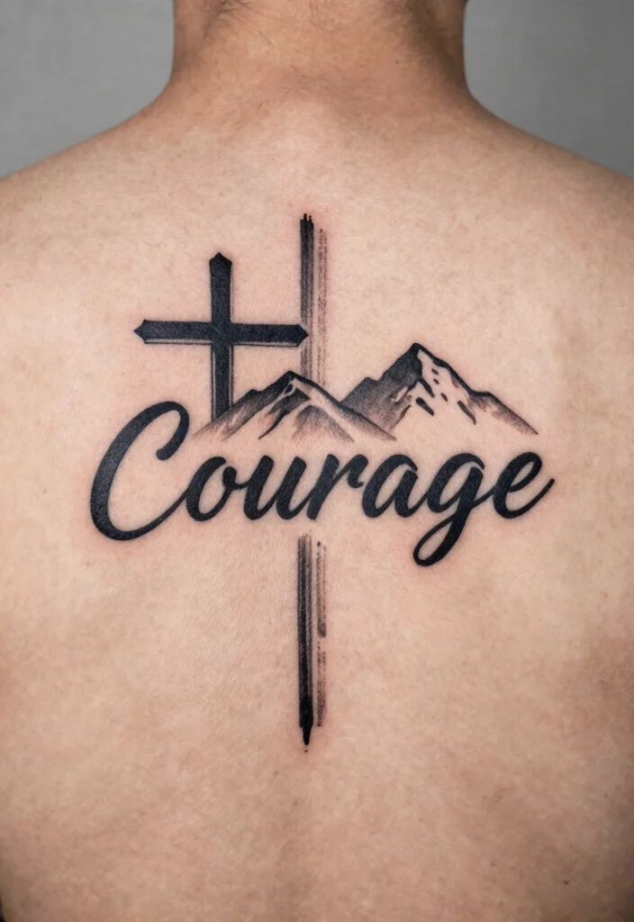 10 Cross With Bible Verse Tattoo Ideas Meaningful And Timeless 8. Cross with Courage and Mountains 0