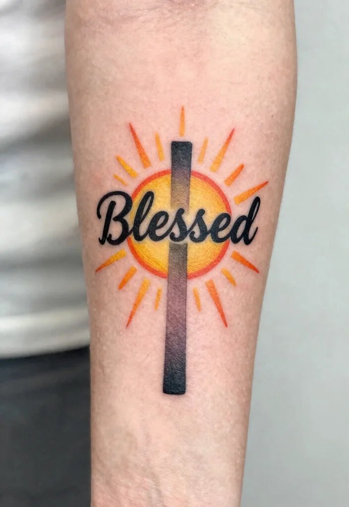 10 Cross With Bible Verse Tattoo Ideas Meaningful And Timeless 9. Cross with Blessed and Sunrays 0
