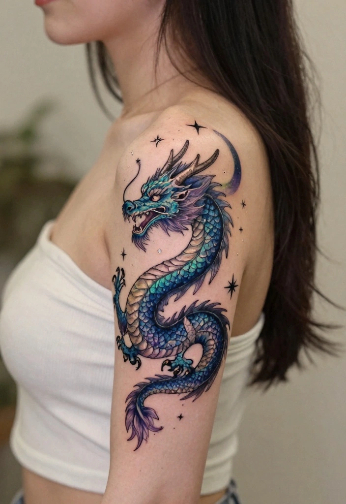 10 Mini Dragon Tattoo Ideas for Women: Small and Fierce 45 10 Mini Dragon Tattoo Ideas for Women Small and Fierce 5. Celestial Dragon with Stars 0