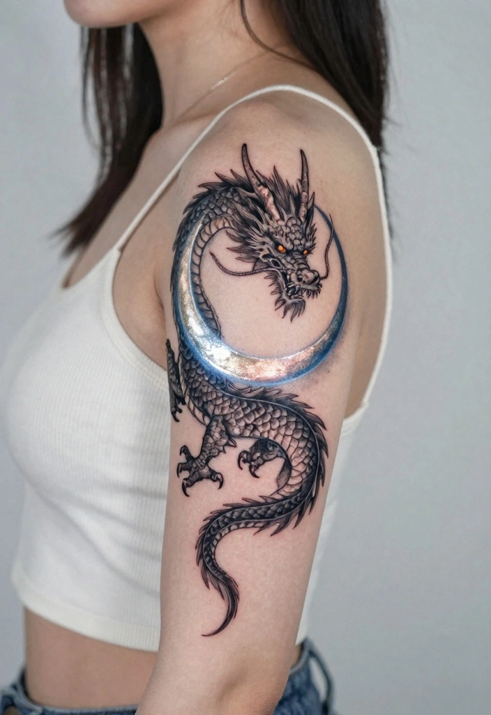 10 Mini Dragon Tattoo Ideas for Women: Small and Fierce 80 10 Mini Dragon Tattoo Ideas for Women Small and Fierce 8. Dragon and Moon Combination 0