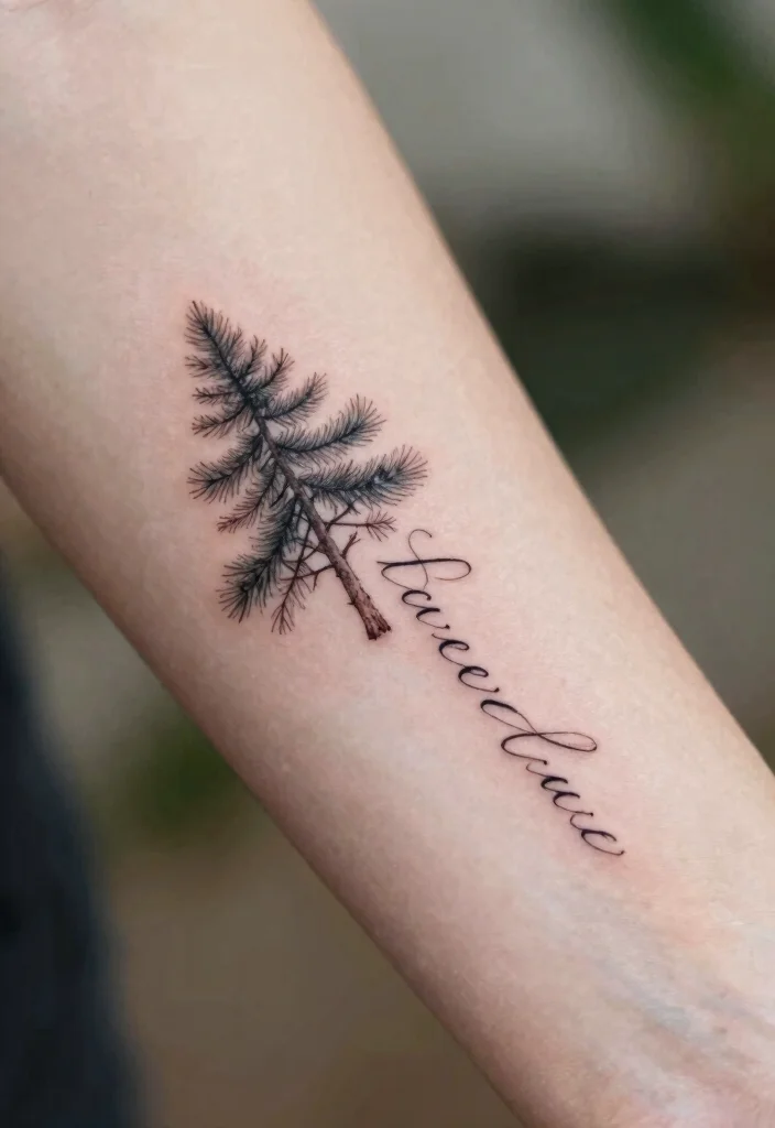 10 Small Pine Tree Tattoo Ideas Minimal And Meaningful 7. Tiny Pine Tree with Script 0