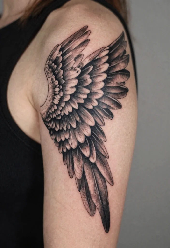 12 Angel Wing Tattoo Ideas on the Arm Elegant and Bold 10. Layered Angel Wings 0