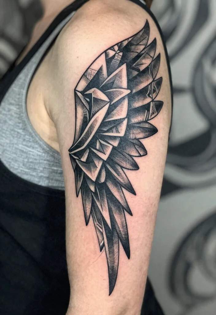 12 Angel Wing Tattoo Ideas on the Arm Elegant and Bold 2. Geometric Angel Wings 0