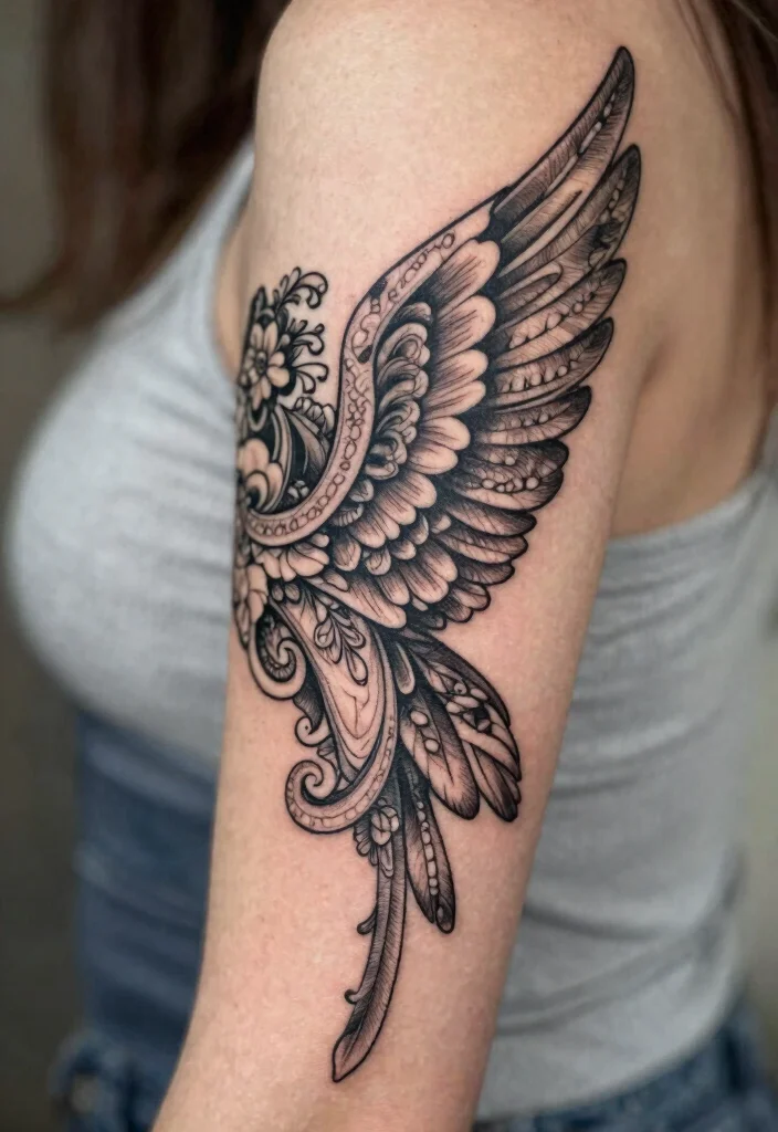 12 Angel Wing Tattoo Ideas on the Arm Elegant and Bold 6. Ornamental Angel Wings 0