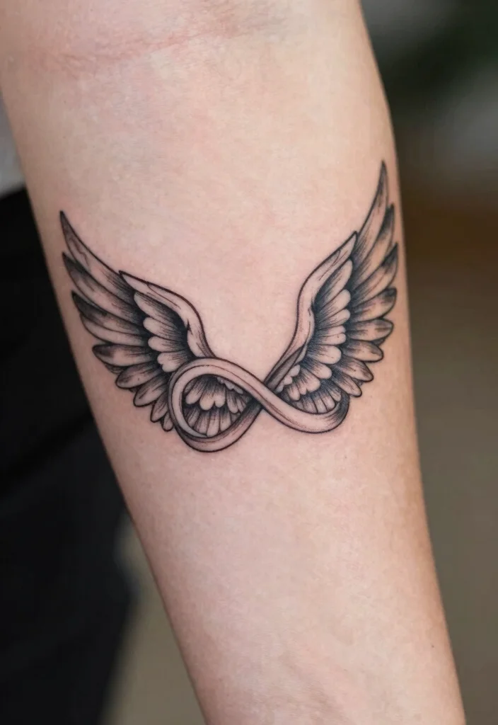 12 Angel Wing Tattoo Ideas on the Arm Elegant and Bold 8. Infinity Angel Wings 0